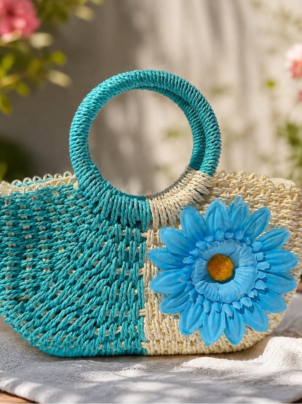 Handwoven Turquoise & Natural Straw Tote with Blue Flower Accent